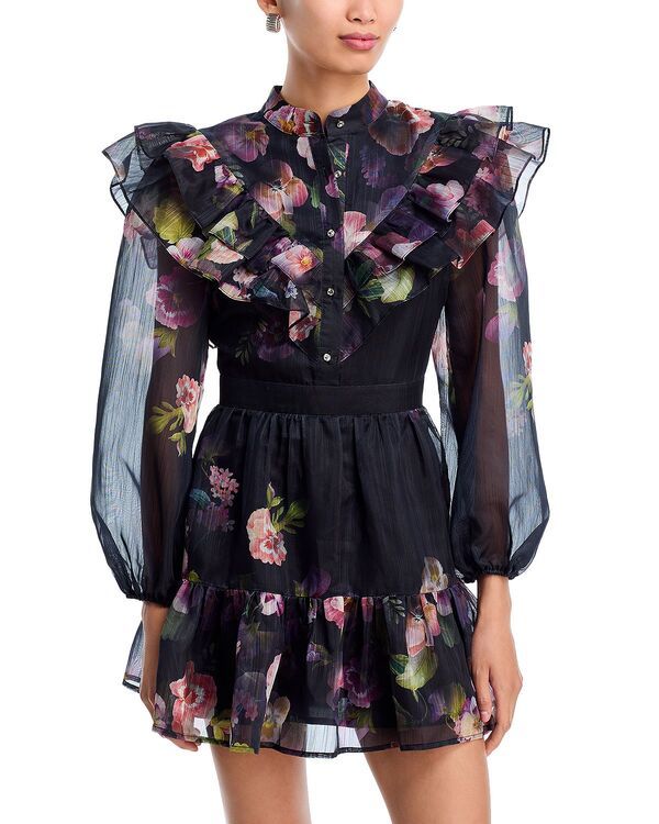 アクア レディース トップス ワンピース フラワー柄 フリル フラワー AQUA Floral Ruffle Trim Dress Exclusive Black Multi ブラック