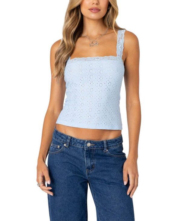 アディクテッド レディース トップス タンクトップ レーストリム レース Edikted Virginia Lace Trim Eyeletank Top Light Blue ブルー