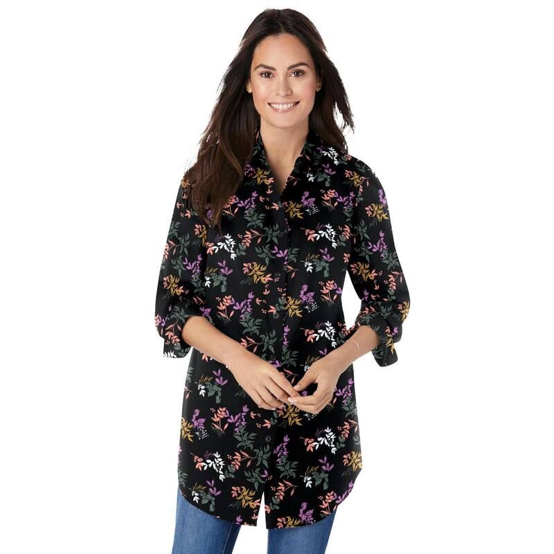 ウーマン ウィズイン レディース トップス シャツ プラスサイズ Woman Within Plusize Perfect Long Sleeve Shirt Black Multi Leaves ブ