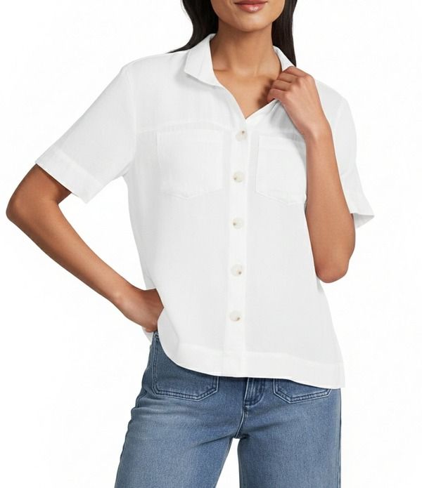 ジョン マーク レディース トップス シャツ John Mark Woven Solid Wire Collar Short Sleeve Button Front Shirt White ホワイト