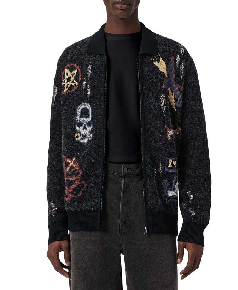 オールセインツ メンズ アウター カーディガン セーター グラフィック ALLSAINTS Meller Graphicardigan Sweater Black ブラック