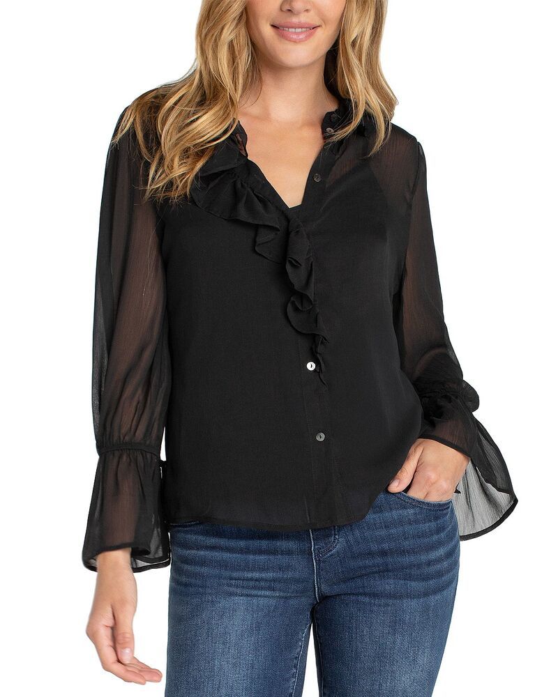 リヴァプール ロサンゼルス レディース トップス シャツ フリル Liverpoolos Angeles Ruffled Front Shirt Black Print ブラック