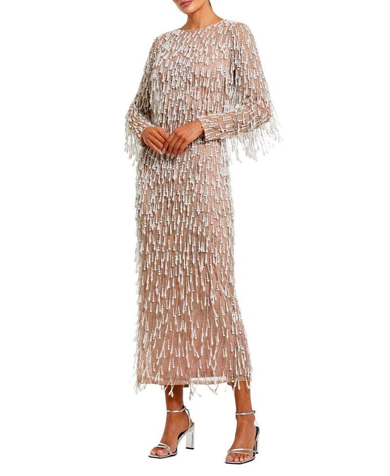 マックダガル レディース トップス ワンピース ミディ フリンジ Mac Duggalong Sleeve Midi Dress with Embellished Fringe Ivory Nude