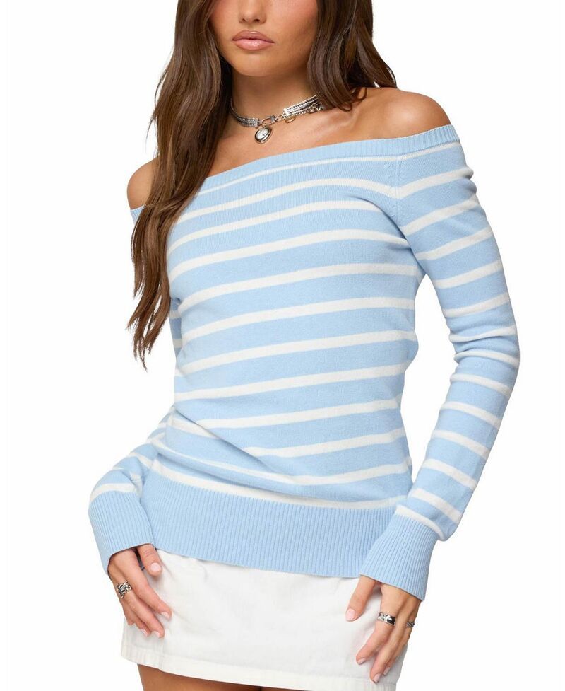 アディクテッド レディース アウター ニット・セーター Edikted Lori Striped Off Shoulder Sweater LightBlue ブルー