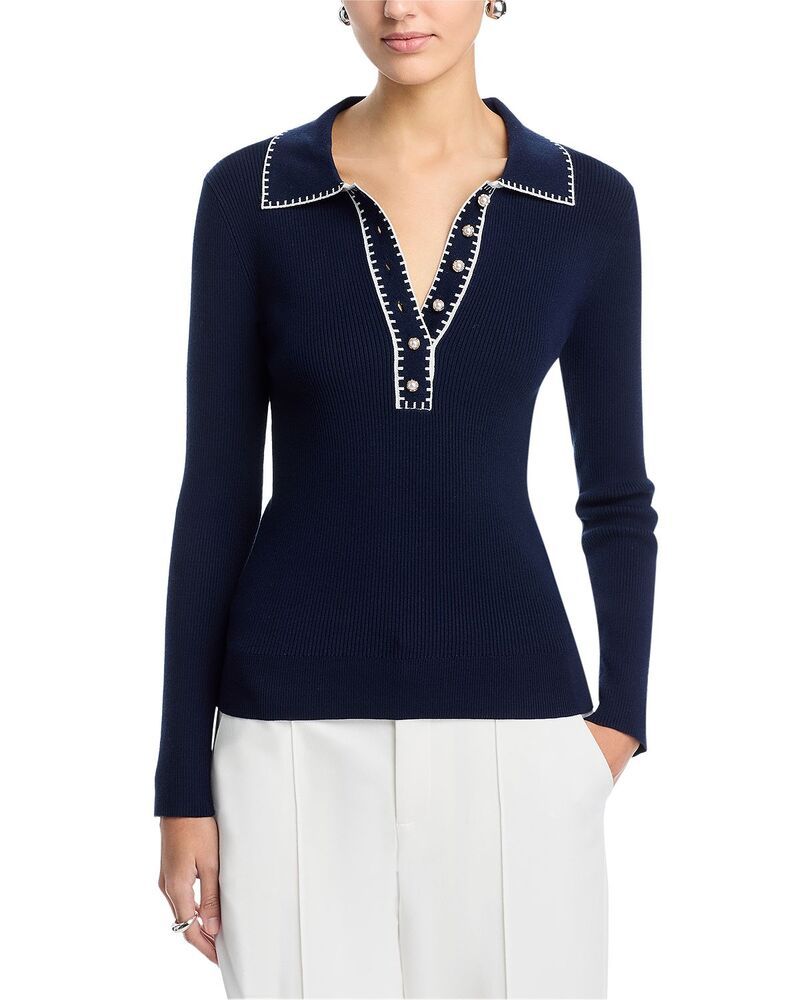 ティー・タハリ レディース アウター ニット・セーター コントラスト Tahari Contrast Whipstitch Rib Sweater Navy White ホワイト