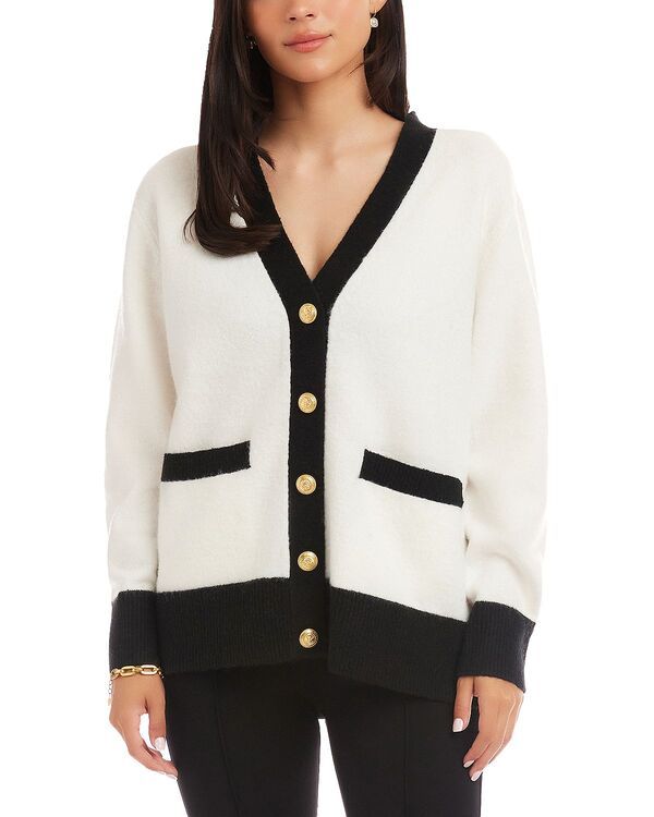 カレンケーン レディース アウター カーディガン セーター カラーブロック Karen Kane Colorblock Cardigan Sweater Ivory Black アイボリー