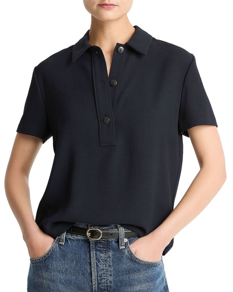 ヴィンス レディース トップス ポロシャツ クレープ Vince Crepe Short Sleeve Polo Coastal Blue ブルー