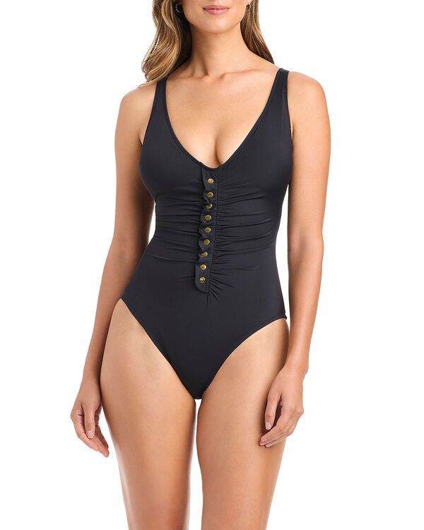 ブルーロッドビーティ レディース 水着 上下セット フリル ダウン Bleu Rod Beattie Ruffled Snap Down One Piece Swimsuit Black ブラック