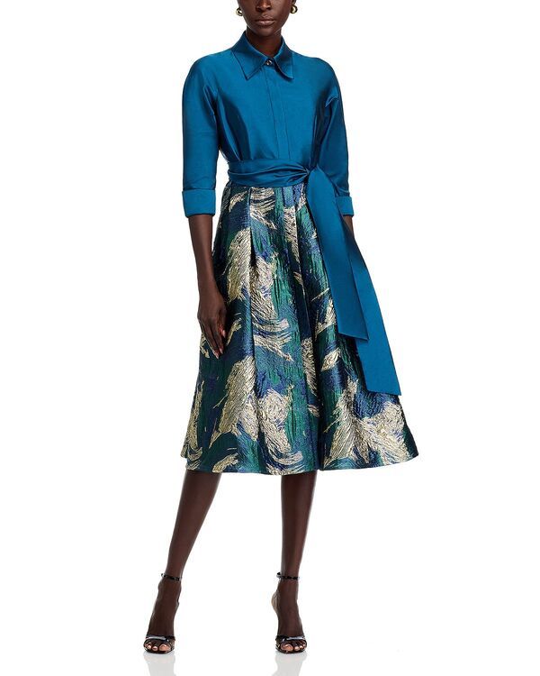 テリジョンバイリッキーフリーマン レディース トップス シャツ Teri Jon by Rickie Freeman Taffeta Jacquard Shirt Dress Peacock Gold
