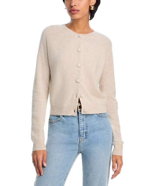 アクア レディース アウター カーディガン クルーネック AQUA 100 Cashmere Crewneck Cardigan Exclusive Oatmeal オートミール