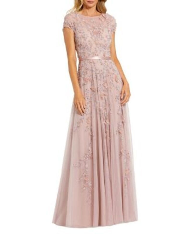マックダガル レディース トップス ワンピース フラワー柄 プチ キャップ フラワー Mac Duggal Petite Pink Floral Embellished Cap Sleeve Gown長袖・七分袖