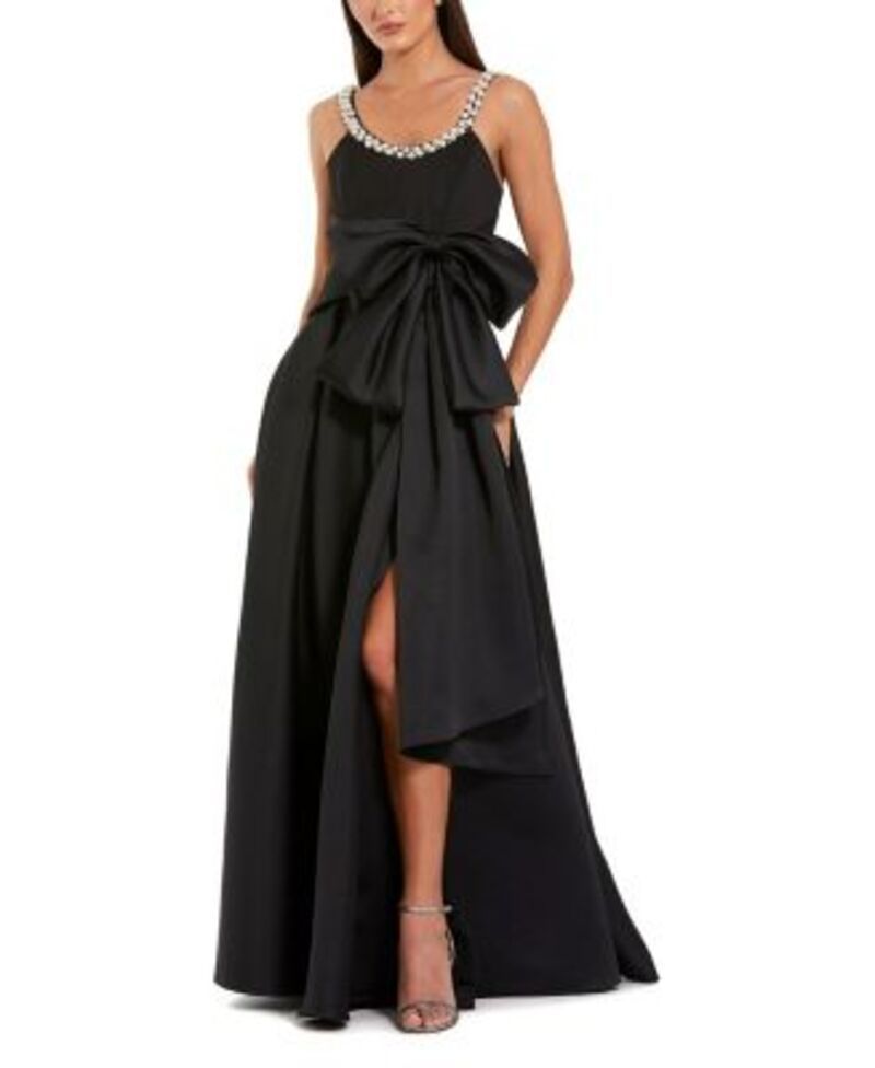 マックダガル レディース トップス ワンピース プチ サテン Mac Duggal Petite Satin Gown With Pearl Neckline and Bow Detail Black