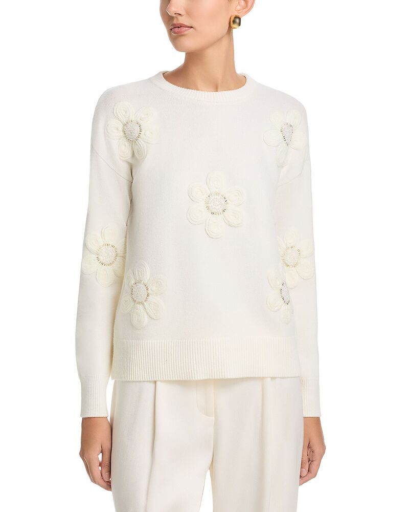 ティー・タハリ レディース アウター ニット・セーター クルーネック Tahari Long Sleeved Fuzze Flowers Crewneck Pullover Sweater White
