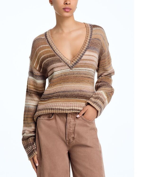 ヴェロニカ ベアード レディース アウター ニット・セーター Vネック セーター Veronica Beard Diora Striped V Neck Sweater Desert Khaki Mu