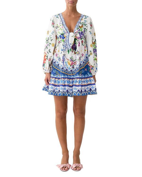 キャミラ レディース トップス ワンピース ミニワンピース ミニ Camilla Tie Front Blouson Sleeve Mini Dress Tiles Darls