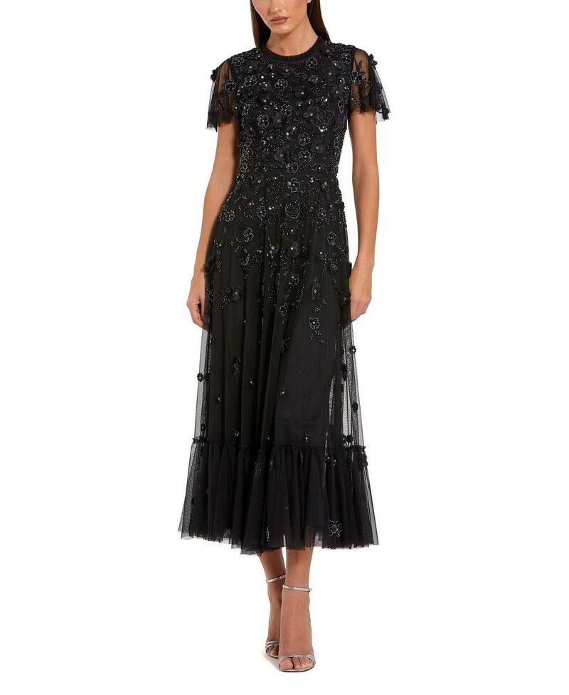 マックダガル レディース トップス ワンピース A ライン ハイネック フラワー柄 フラワー Mac Duggal Embellished High Neck Floral Applique with