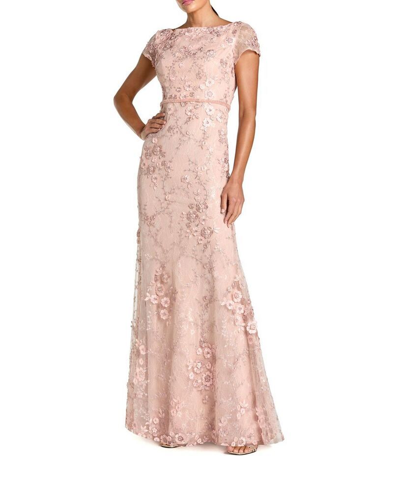マックダガル レディース トップス ワンピース フラワー柄 キャップ フラワー Mac Duggal Floral Applique Boat Neck Cap Sleeve Gown Blush ブ