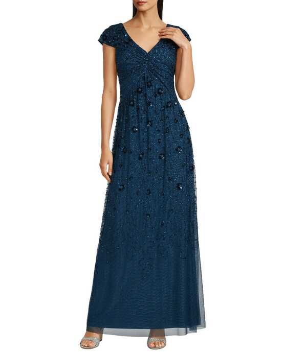 アドリアナ パペル レディース トップス ワンピース Vネック A ライン メッシュ キャップ Adrianna Papell Beaded Mesh VNeck Cap Sleeve ALine G