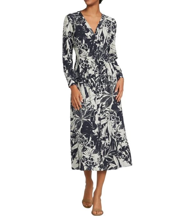 マギーロンドン レディース トップス ワンピース Vネック フラワー柄 プリント ミディ シャツ フラワー Maggy London Floral Print Crinkle Rayo VNeck B