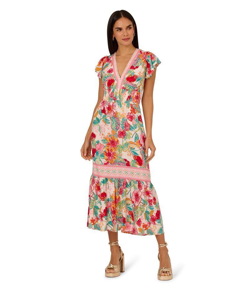 アドリアナ パペル レディース トップス ワンピース ミディワンピース プリント ミディ Adrianna Papell Printed Midi Dress PinkGreen Multi ピンク