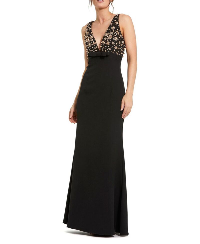 マックダガル レディース トップス ワンピース Vネックレープチ ノースリーブ Mac Duggal Petite Crepe Sleeveless Beaded VNeck Gown with Bo