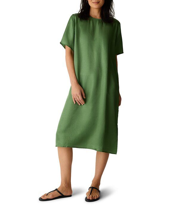 エイリーンフィッシャー レディース トップス ワンピース サテン Eileen Fisher Drapey Satin Round Neck Short Sleeve Dress Field