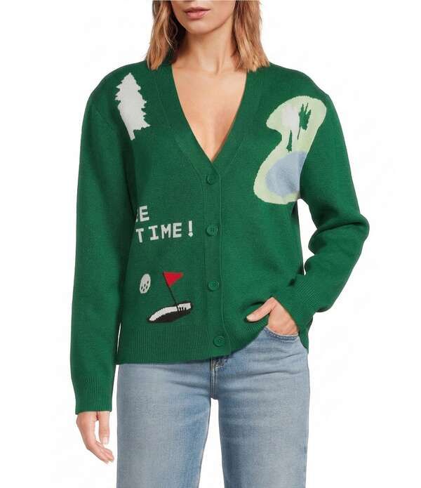 シュガーリップス レディース アウター ニット・セーター Vネック ドロップショルダー プリント カーディガン Sugarlips Golf Print VNeck Long Sleeve Drop
