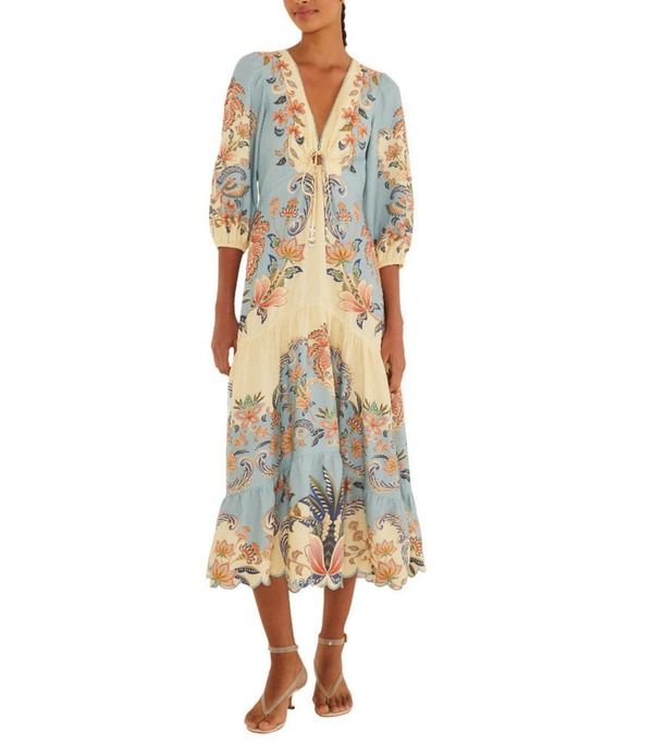 ファーム レディース トップス ワンピース リネン マキシ Farm Rio Boho Beauty Butter Linen Blend VNeckline 34 Scallop Hemaxi Dr