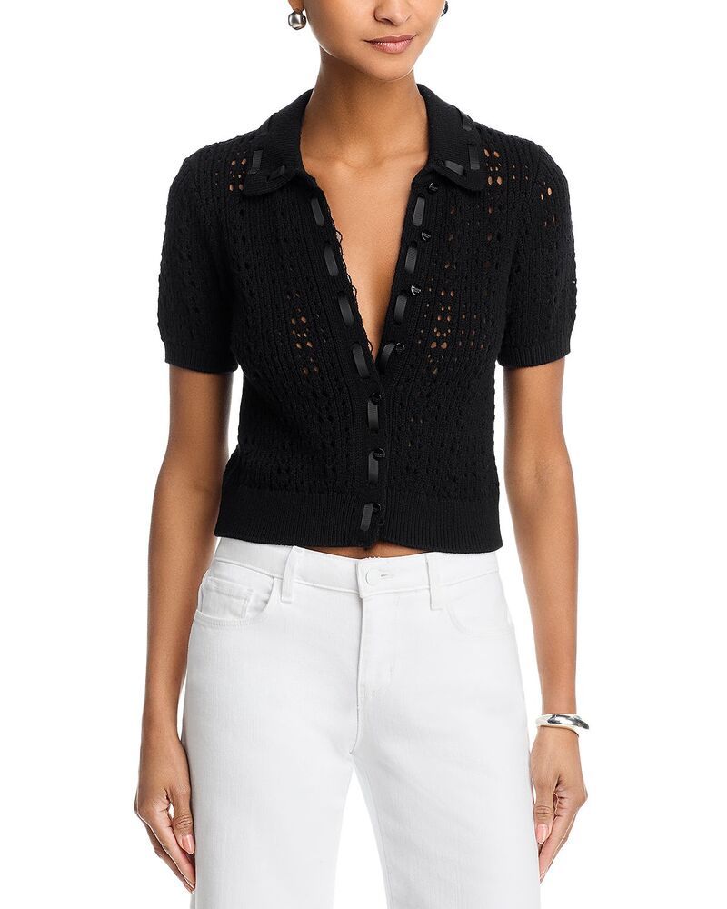 ラジャンス レディース アウター カーディガン LAGENCE Ninette Pointelle Grosgrain Short Sleeve Cardigan BlackBlack ブラック