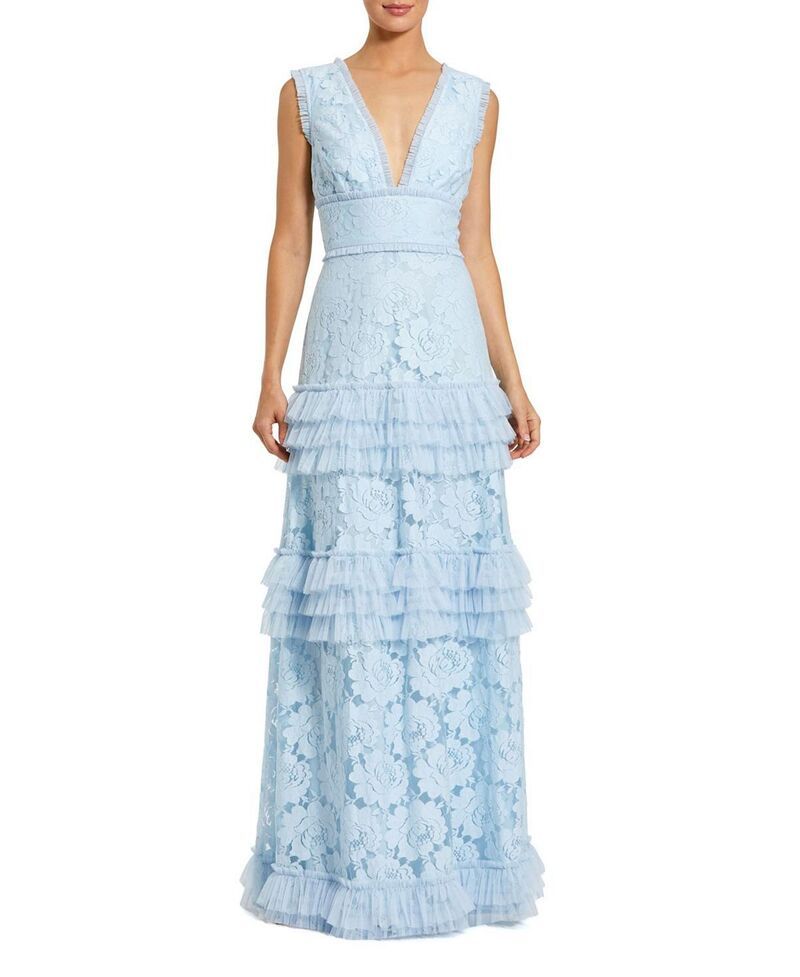 マックダガル レディース トップス ワンピース Vネック ティアード フリル レース Mac Duggal V Neck Lace Tiered Ruffle Gown Powder Blue ブルー