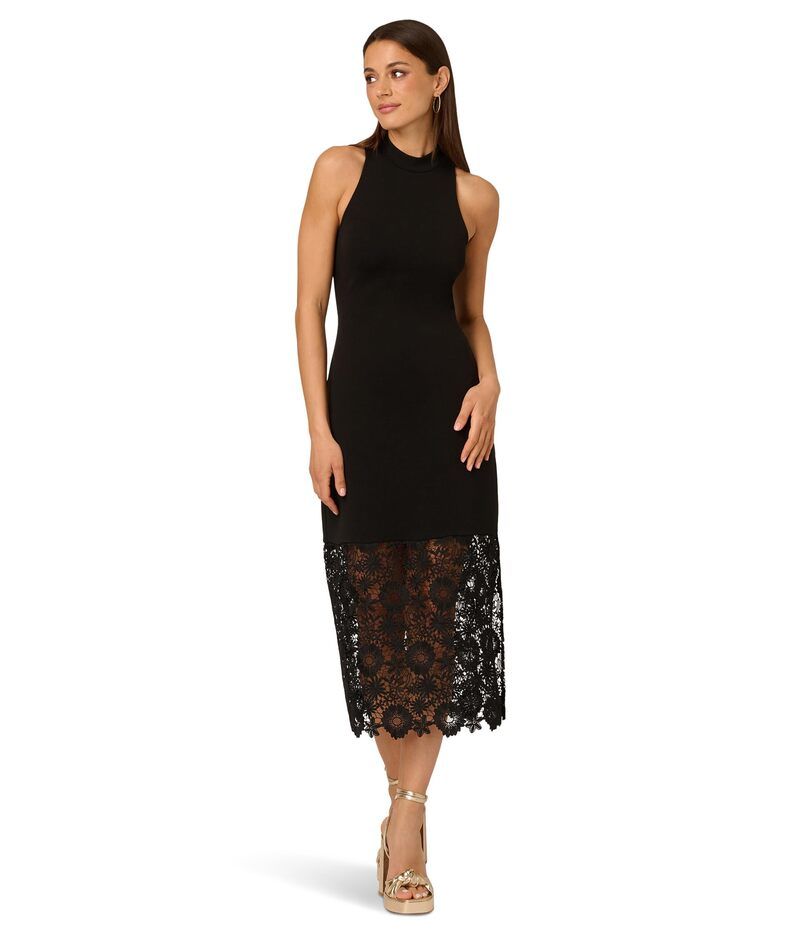 アドリアナ パペル レディース トップス ワンピース ミディ レース ニット Adrianna Papell Knit Midi Dress Lace Hem Black ブラック
