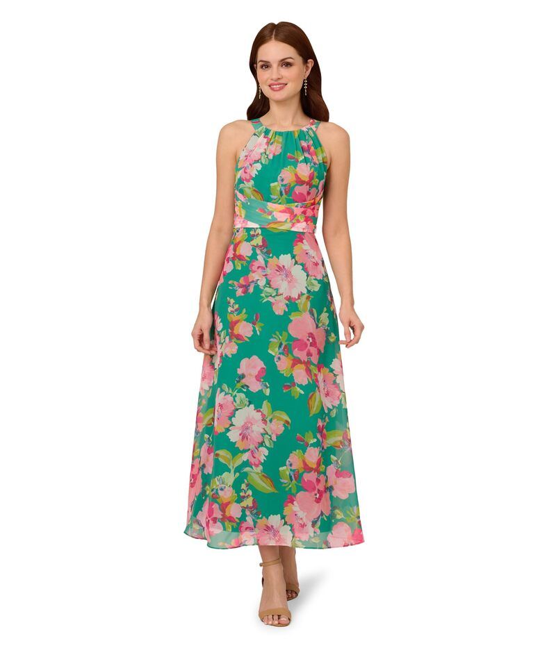 アドリアナ パペル レディース トップス ワンピース シフォン フラワー柄 フラワー ホルター Adrianna Papell Floral Chiffon Halter Dress Green Mu