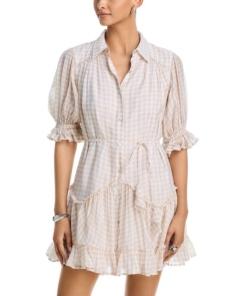 サンク セプト レディース トップス ワンピース ギンガムチェック ミニ ギンガム Cinq Sept Gingham Voile Mini Dress KhakiWhite ホワイト