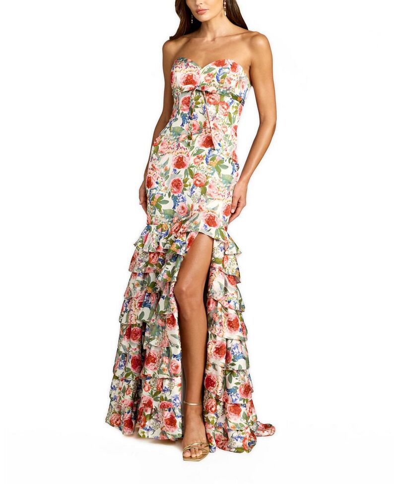 マックダガル レディース トップス ワンピース A ライン フラワー柄 フリル ストラップレス フラワー Mac Duggal Strapless Floral Charmeuse Ruffle A