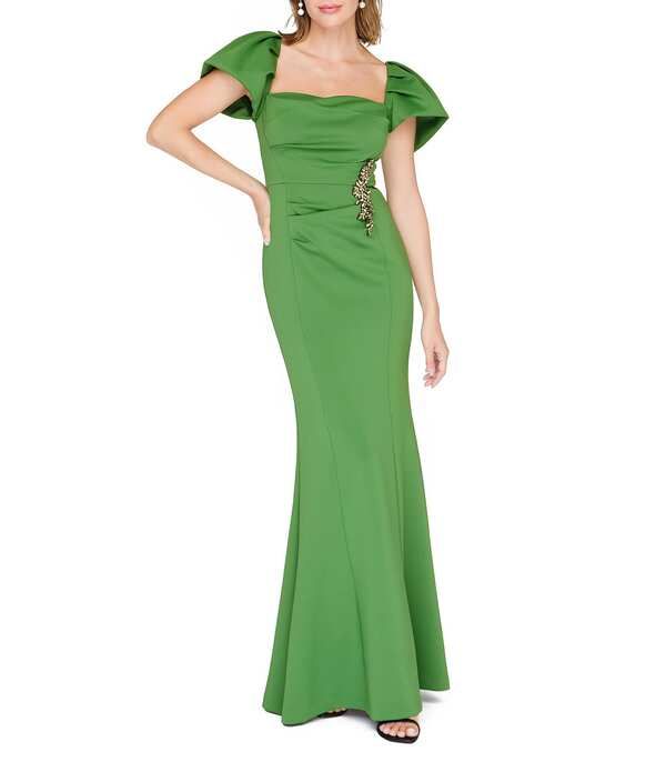 ジェイエスコレクションズ レディース トップス ワンピースキューバ JS Collectionshort Puff Sleeve Scuba Sheath Gown Deep Green グリーン