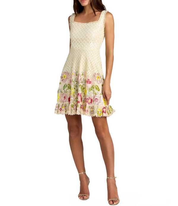 マックダガル レディース トップス ワンピース フリル メッシュ ノースリーブ Mac Duggal Beaded Mesh Sleevelessquare Neck Ruffle Dress Nud