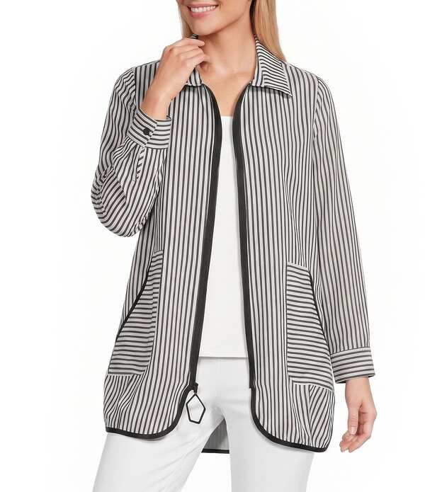 アイシーコレクション レディース アウター コート ジャケット ICollection Stripe Poplin Point Collar Long Sleeve Zip Front Jacket