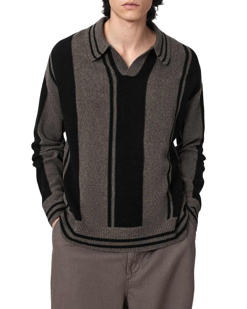 オールセインツ メンズ トップス ポロシャツ ALLSAINTS Taylor Stripe Block Long Sleeve Polo Shirt Cinder Black ブラック