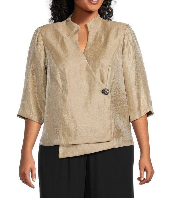 アレックスイブニングス レディース トップス ワンピース Vネック アシンメトリー プラスサイズ オーバーレイ ブラウス Alex Evenings Plusize 34 Sleeve VNeck A