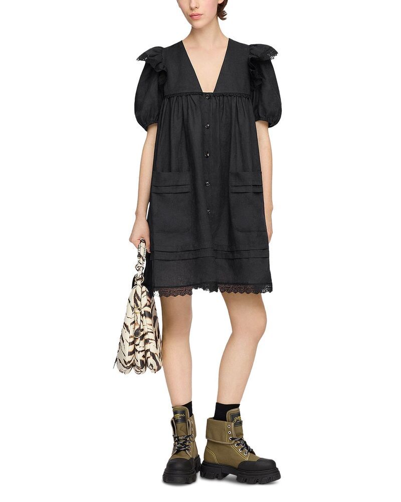 ガニー レディース トップス ワンピース ミニ リネン GANNI Black Linen Mini Dress Black ブラック