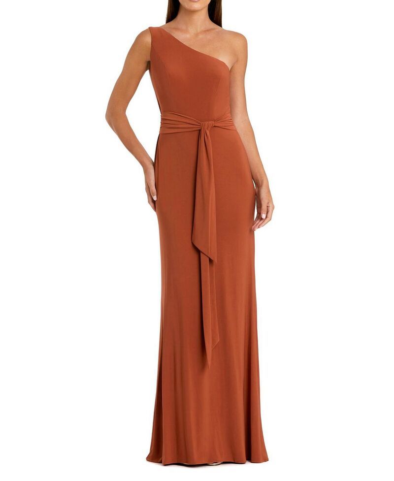 マックダガル レディース トップス ワンピース ジャージー Mac Duggal Jersey One Shoulder Belted Trumpet Gown Brick