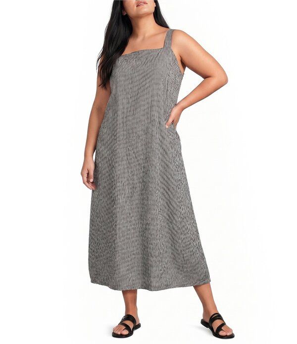 エイリーンフィッシャー レディース トップス ワンピース プラスサイズ コットン Eileen Fisher Plus Organicotton Pucker Check Square Neck Sl