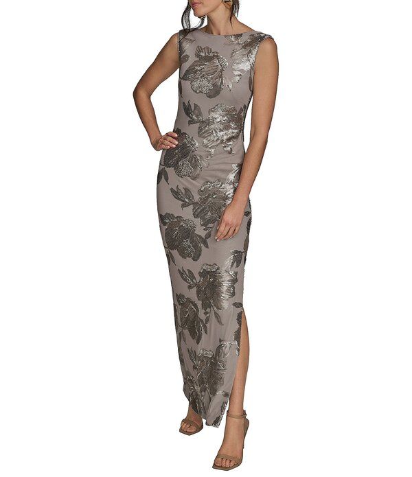 ダナキャラン レディース トップス ワンピース フラワー柄 スパンコール フラワー Donna Karan Sequin Floral Detailong Dress Dark Clay