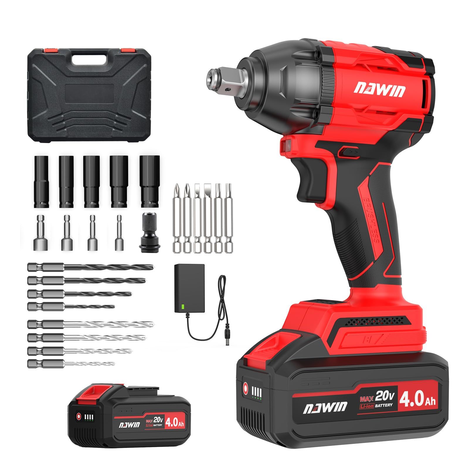 ☆新品☆【2025新型】ナウィン 20V 充電式インパクトレンチ 350N・m ブラシレスモーター搭載 4.0Ahリチウムイオンバッテリー1個付き 車のホイール交換/足場解体/工事現場用 無段階変速 LED照明 PSE認証済み(350N・1個 1d15b867