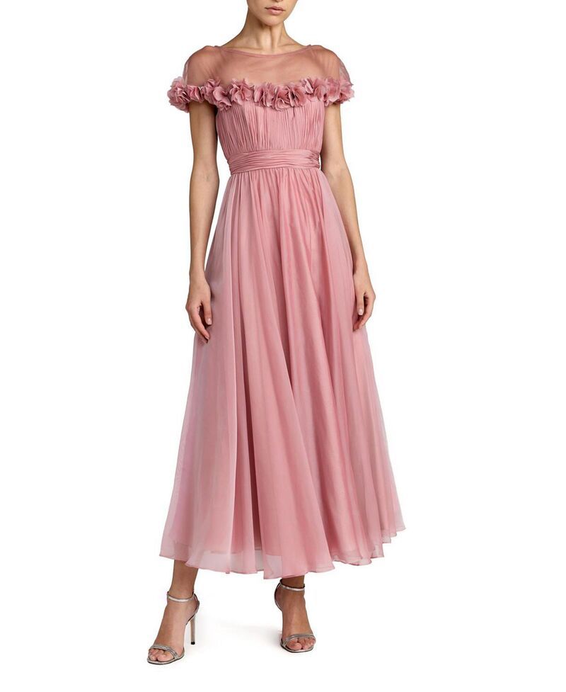 マックダガル レディース トップス ワンピース シフォン ミディ Mac Duggal Chiffon Illusioneck Midi Dress with 3D Flowers Rose Gold