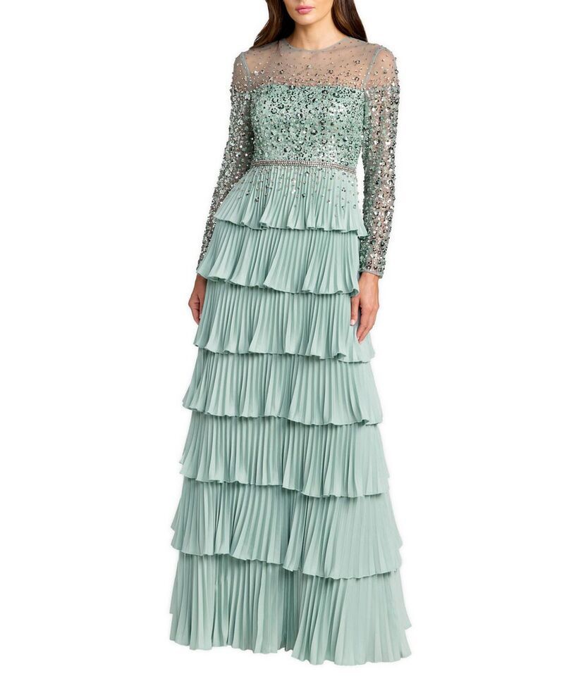 マックダガル レディース トップス ワンピース クレープ フリル メッシュ Mac Duggal Crepe Ruffled Long Sleeveningown with Beaded Mesh T