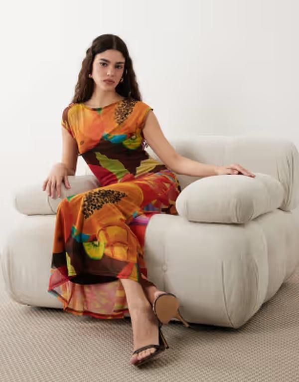 ネバーフリードレスド レディース トップス ワンピース プリント メッシュ キャップ マキシ Never Fully Dressed Rio mesh cap sleeve maxi dress in