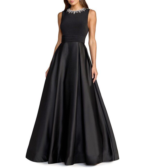 マックダガル レディース トップス ワンピース サテン ノースリーブ ジャージー Mac Duggal Jersey Sleevelessatin Square Neck Gown Black ブラッ