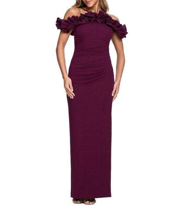 エスケープ レディース トップス ワンピース クレープ フリル スキューバ Xscape Scuba Crepe Ruffle Top Long Dress Raisin