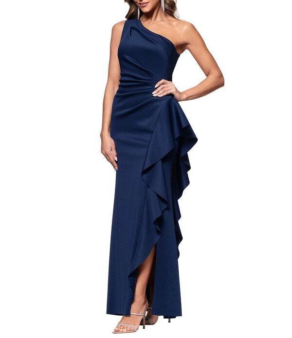 エスケープ レディース トップス ワンピース クレープチ フリル スキューバ Xscapetite Size One Shoulder Side Ruffle Scuba Crepe Gown Mid